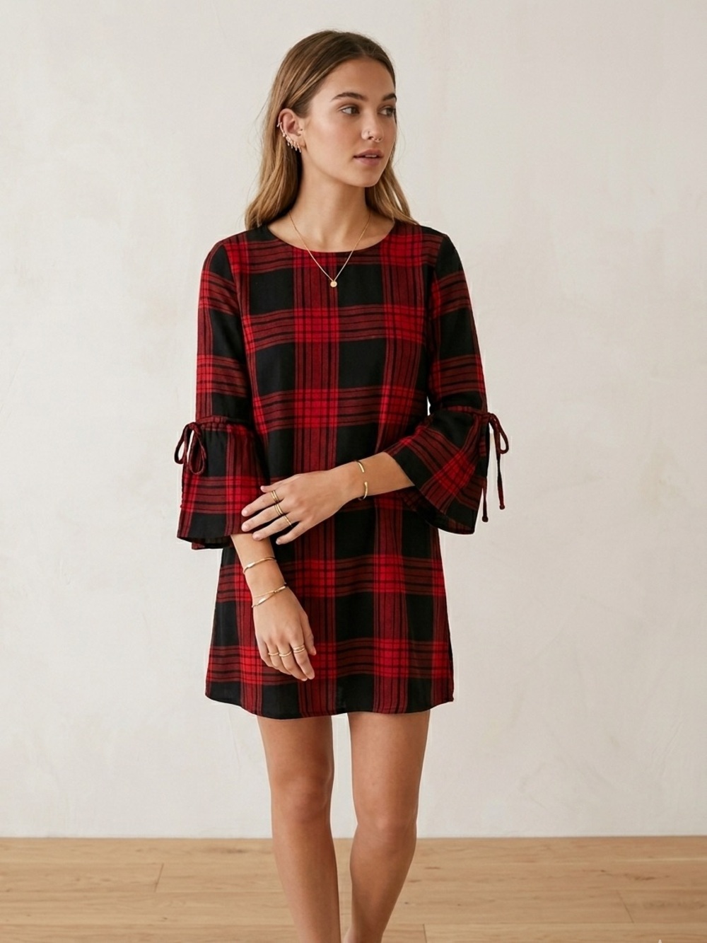 Beachlounge Plaid Tunic Dress Bell Sleeve